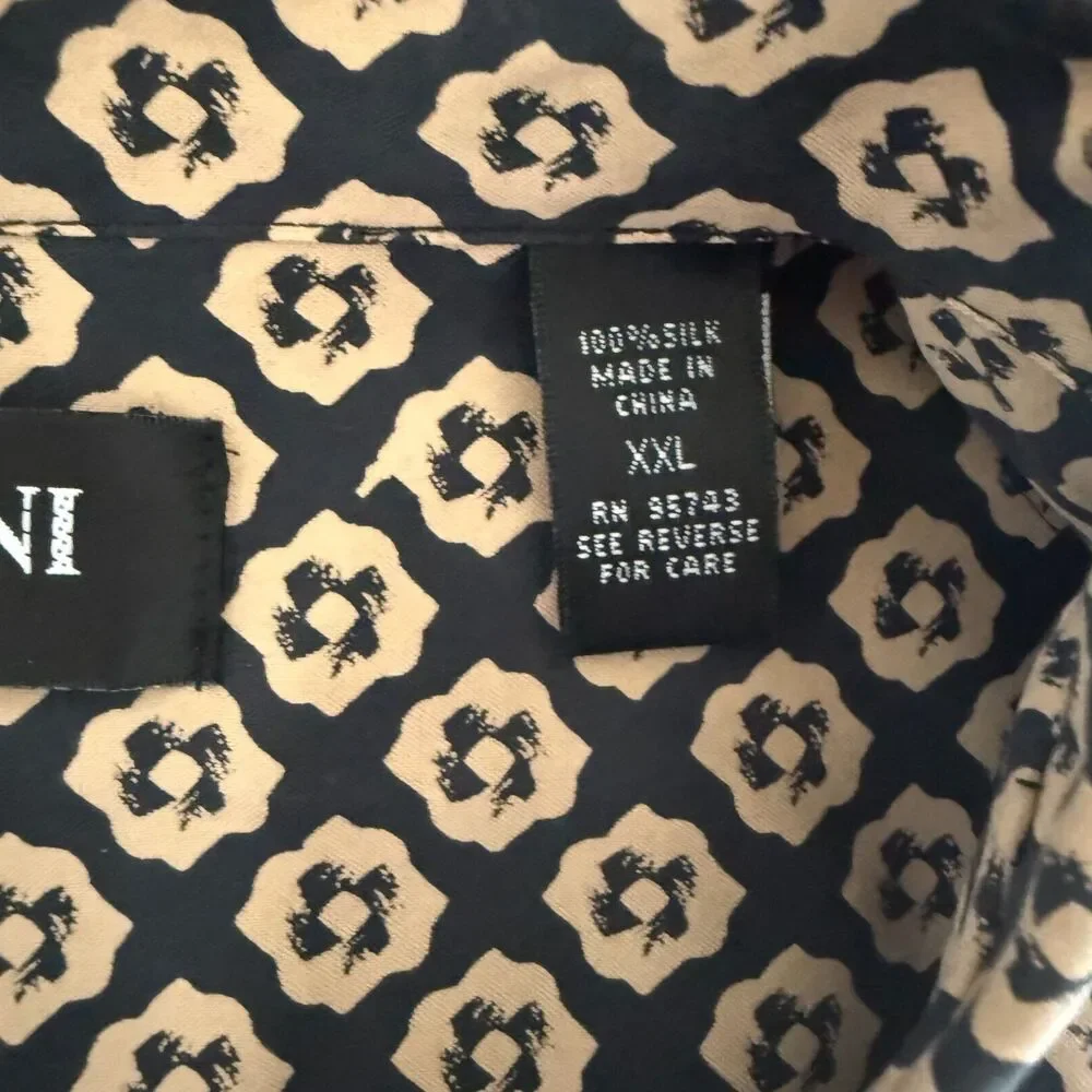 Brandini Men’s XXL 100% Silk Button-Down Shirt Black Beige Geometric Print Aloha